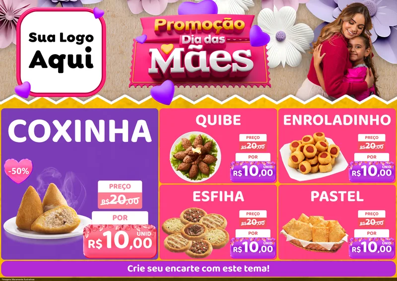 Modelo de Encarte para Encarte A4 Horizontal com o tema Promoção Dia das Mães para Salgadaria