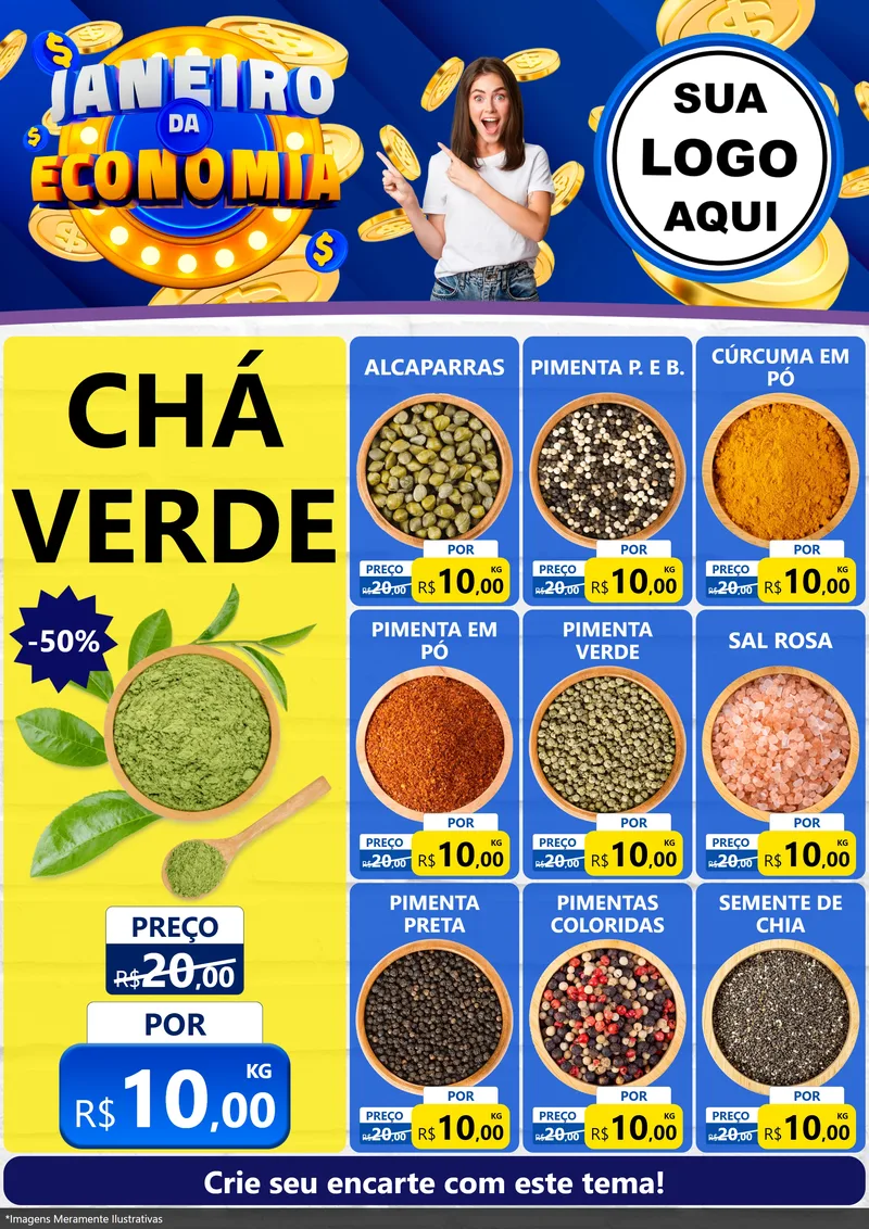 Modelo de Encarte para Encarte A4 Vertical com o tema Janeiro da Economia para Produtos Naturais
