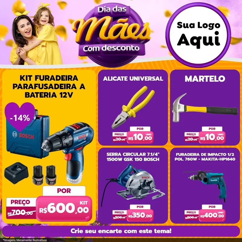 Modelo de Rede Social para Feed Facebook com o tema Dia das Mães com Desconto para Maquinas e Ferramentas