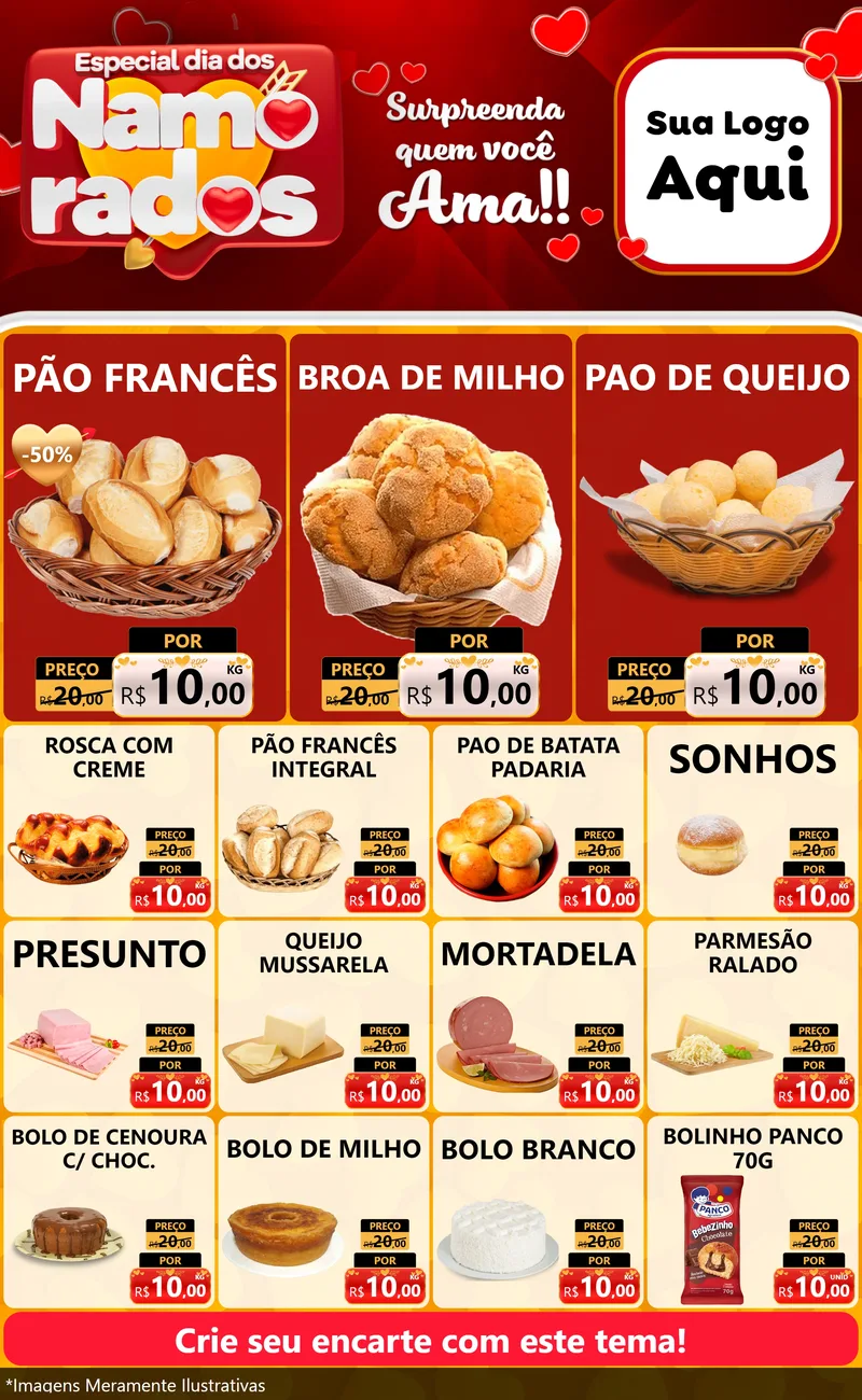 Modelo de Encarte para Encarte Grande com o tema Especial Dia dos Namorados para Padaria
