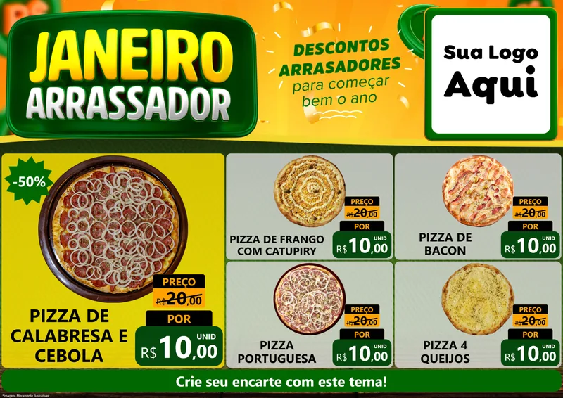 Modelo de Encarte para Encarte A4 Horizontal com o tema Janeiro Arrasador para Pizzaria
