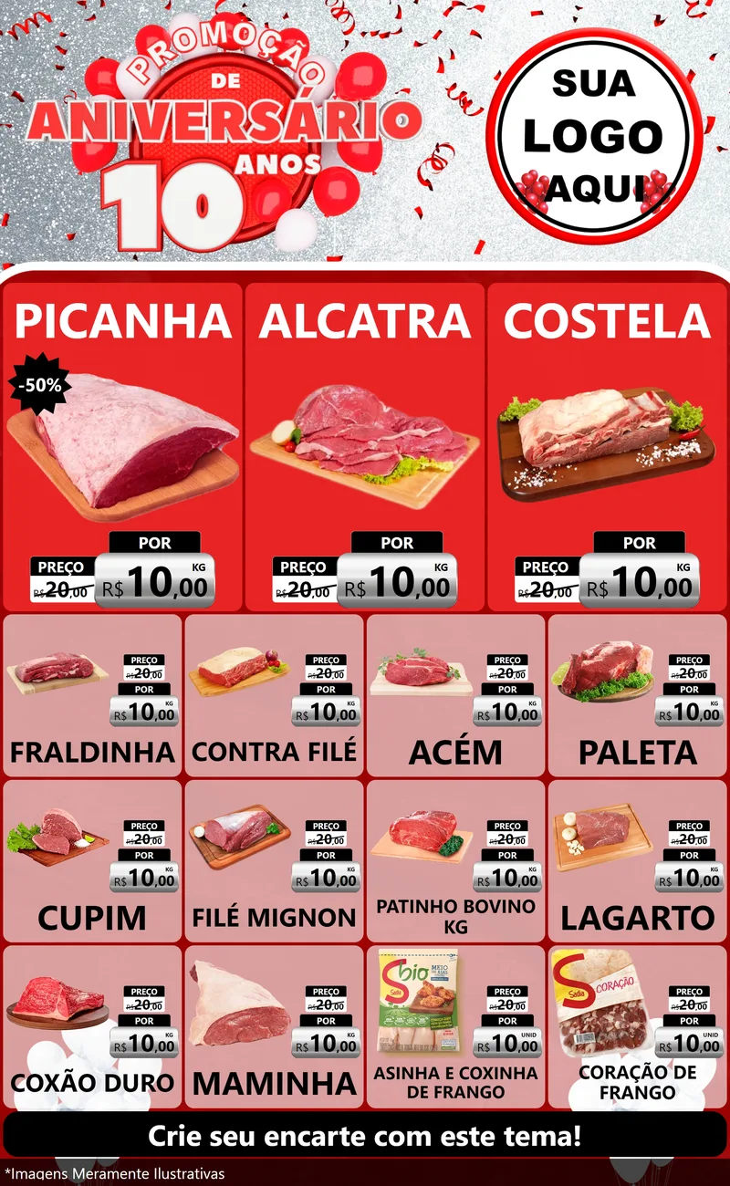 Modelo de Encarte para Encarte Grande com o tema Promoção de Aniversário - 10 Anos para Açougue