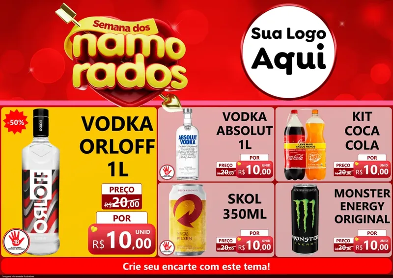 Modelo de Encarte para Encarte A4 Horizontal com o tema Semana dos namorados para Distribuidora de bebidas