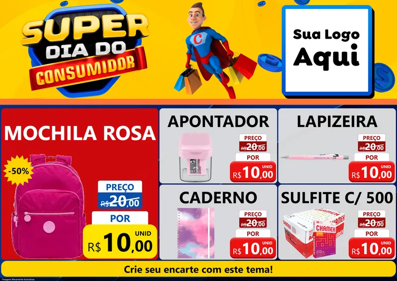 Modelo de Encarte para Encarte A4 Horizontal com o tema Super Dia do Consumidor para Papelaria
