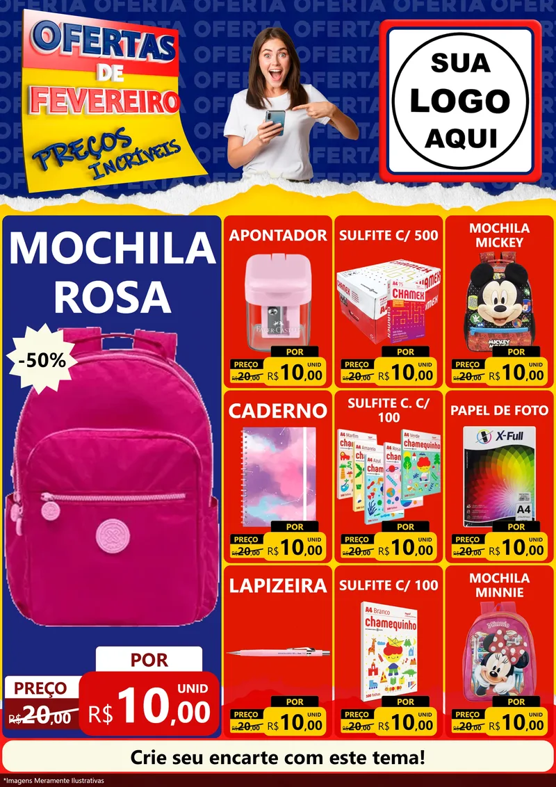Modelo de Encarte para Encarte A4 Vertical com o tema Ofertas de Fevereiro - Preços Incríveis para Papelaria