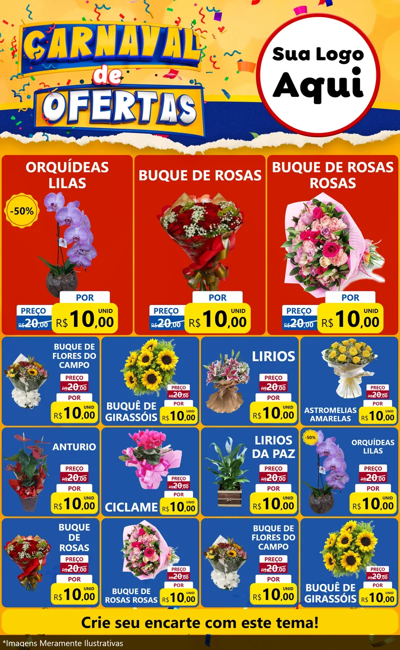 Modelo de Encarte para Encarte Grande com o tema Carnaval de Ofertas para Floricultura e jardim