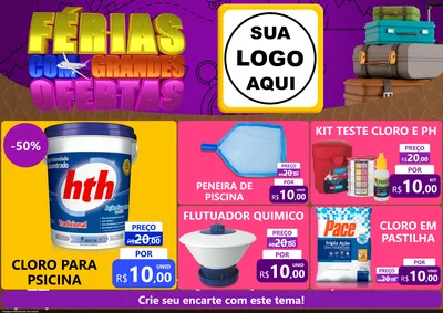 Modelo de Encarte para Encarte A4 Horizontal com o tema Férias com Grandes Ofertas para Produtos para Piscina