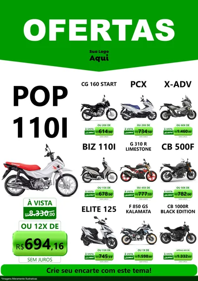 Modelo de Encarte para Encarte A4 Vertical com o tema Ofertas Verde Cartaz para Concessionaria de Motos