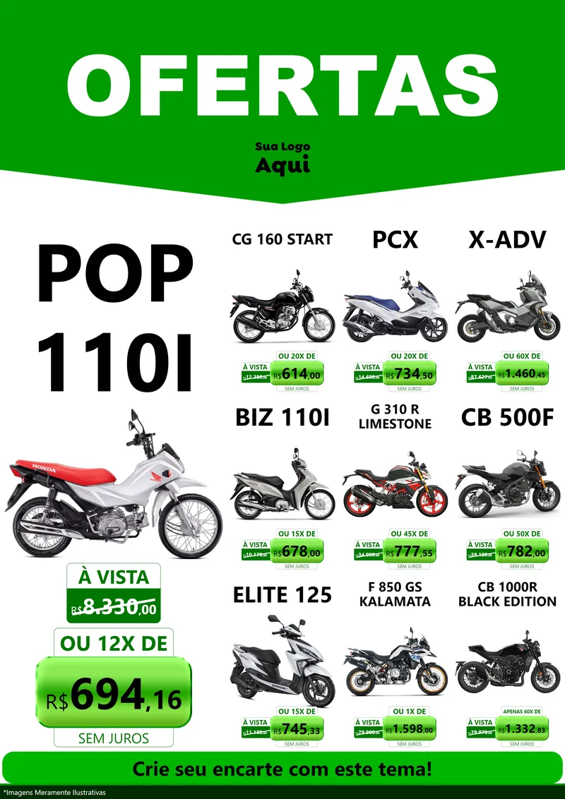 Modelo de Encarte para Encarte A4 Vertical com o tema Ofertas Verde Cartaz para Concessionaria de Motos