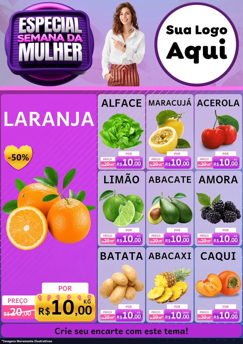 Modelo de Encarte para Encarte A4 Vertical com o tema Especial Semana da Mulher para Hortifrúti