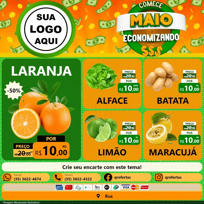 Modelo de Rede Social para Feed Facebook com o tema Comece Maio Economizando para Hortifrúti