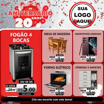 Modelo de Rede Social para Feed Facebook com o tema Promoção de Aniversário - 20 Anos para Móveis e Eletro
