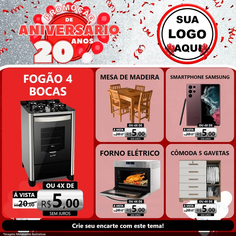 Modelo de Rede Social para Feed Facebook com o tema Promoção de Aniversário - 20 Anos para Móveis e Eletro