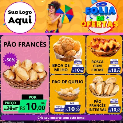Modelo de Rede Social para Feed Facebook com o tema Folia de Ofertas para Padaria