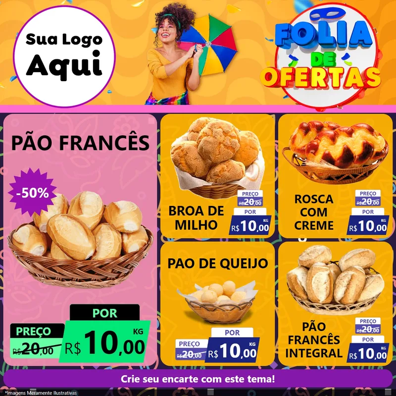 Modelo de Rede Social para Feed Facebook com o tema Folia de Ofertas para Padaria