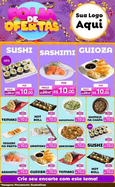 Modelo de Encarte para Encarte Grande com o tema Folia de Ofertas para Comida japonesa