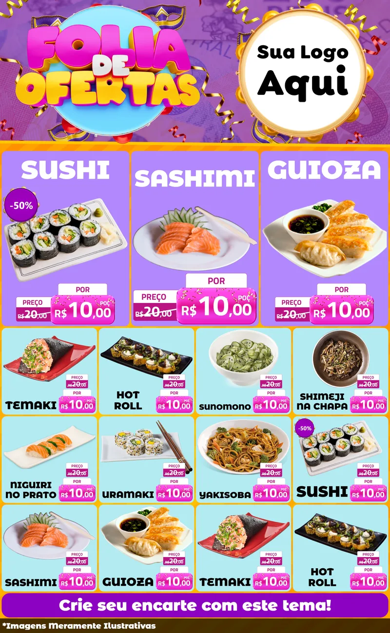 Modelo de Encarte para Encarte Grande com o tema Folia de Ofertas para Comida japonesa