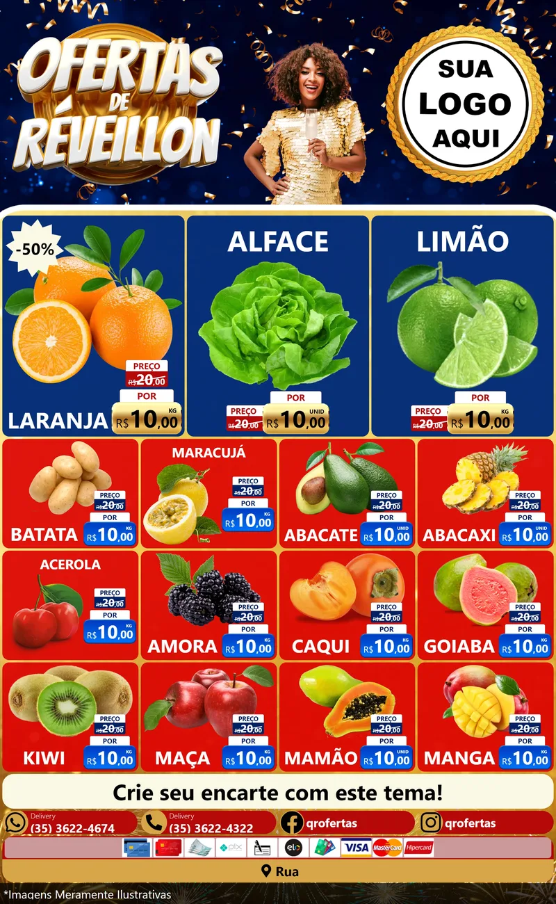 Modelo de Encarte para Encarte Grande com o tema Ofertas de Réveillon para Hortifrúti