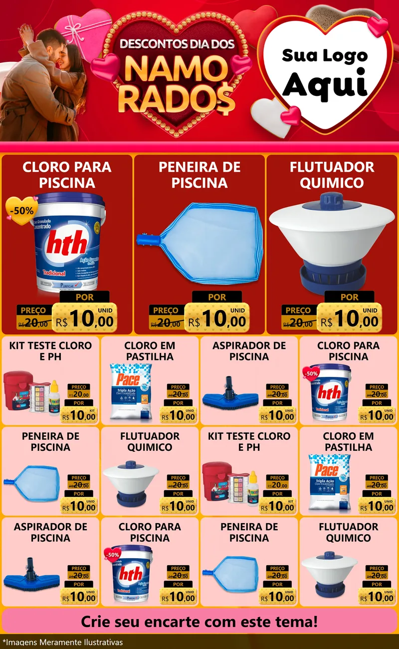 Modelo de Encarte para Encarte Grande com o tema Descontos Dia dos Namorados para Produtos para Piscina