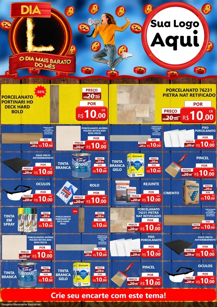 Modelo de Encarte para Encarte A4 Vertical com o tema Dia L - O Dia Mais Barato Do Mês para Pisos e revestimentos