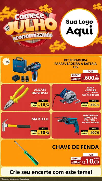 Modelo de TV para TV Vertical com o tema Comece Julho Economizando para Maquinas e Ferramentas