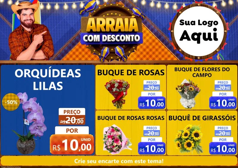 Modelo de Encarte para Encarte A4 Horizontal com o tema Arraiá Com Desconto para Floricultura e jardim