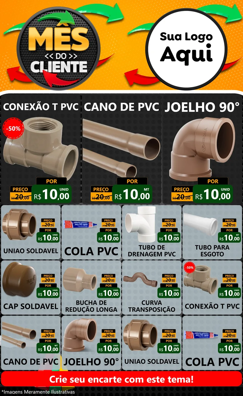 Modelo de Encarte para Encarte Grande com o tema Mês do Cliente para Tubos e conexões