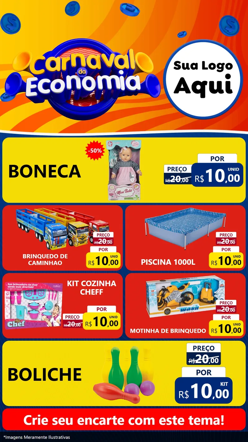 Modelo de TV para TV Vertical com o tema Carnaval da Economia para Brinquedos