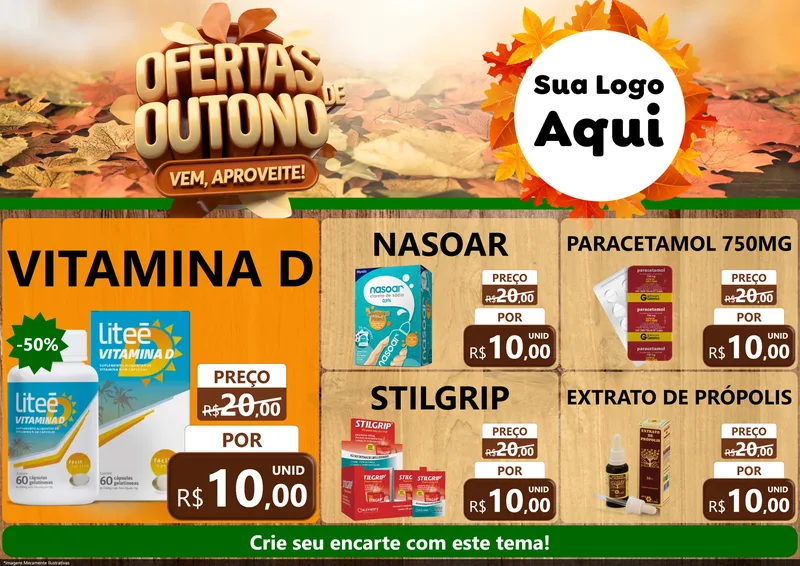 Modelo de Encarte para Encarte A4 Horizontal com o tema Ofertas de Outono - Vem, Aproveite! para Farmácia
