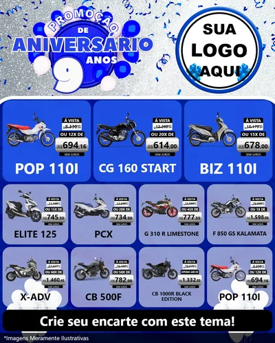 Modelo de Rede Social para Feed Instagram com o tema Promoção de Aniversário - 9 Anos para Concessionaria de Motos