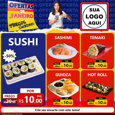 Modelo de Rede Social para Feed Facebook com o tema Ofertas de Janeiro - Preços Incríveis para Comida japonesa