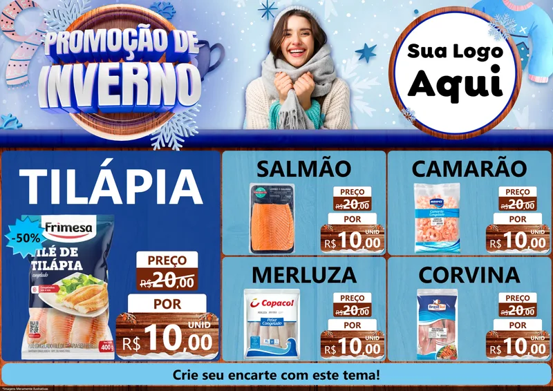 Modelo de Encarte para Encarte A4 Horizontal com o tema Promoção de Inverno para Peixaria