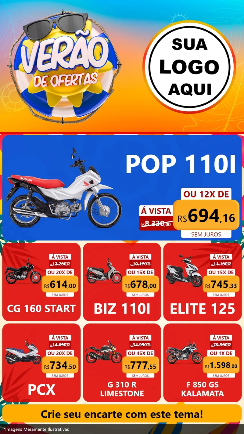 Modelo de Rede Social para Stories com o tema Verão de Ofertas para Concessionaria de Motos