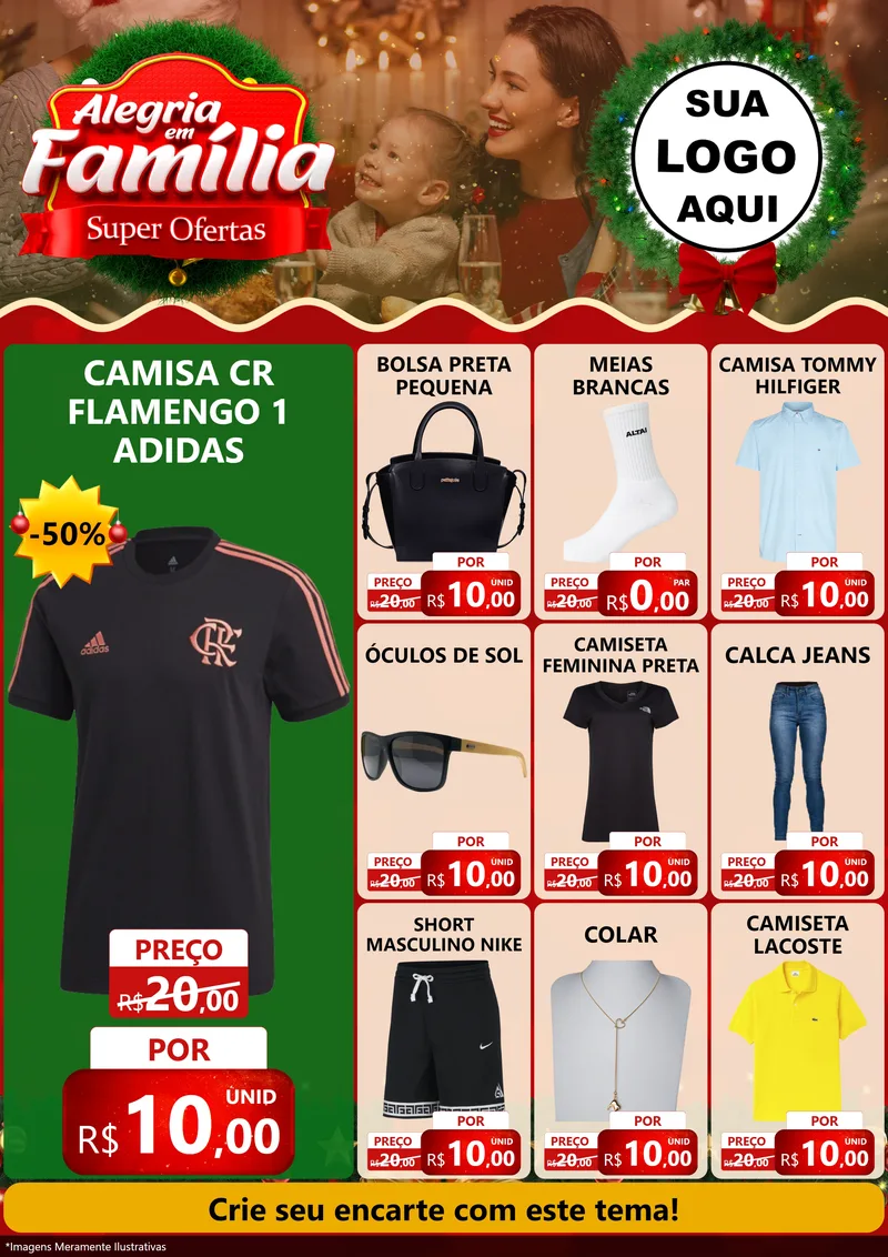 Modelo de Encarte para Encarte A4 Vertical com o tema Alegria Em Família - Super Ofertas para Roupas e acessórios