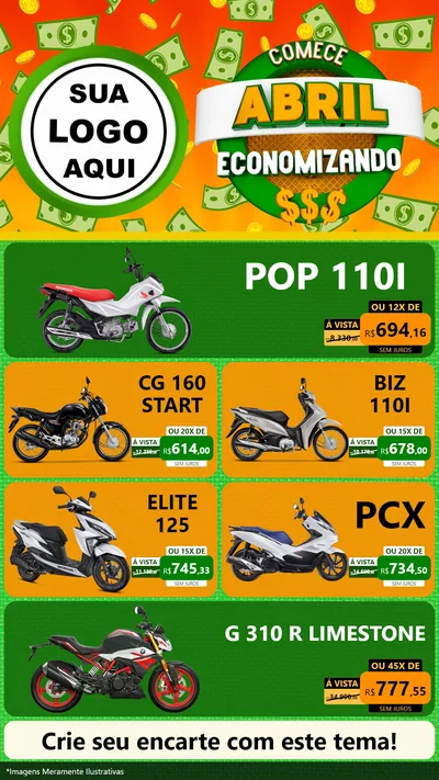 Modelo de TV para TV Vertical com o tema Comece Abril Economizando para Concessionaria de Motos