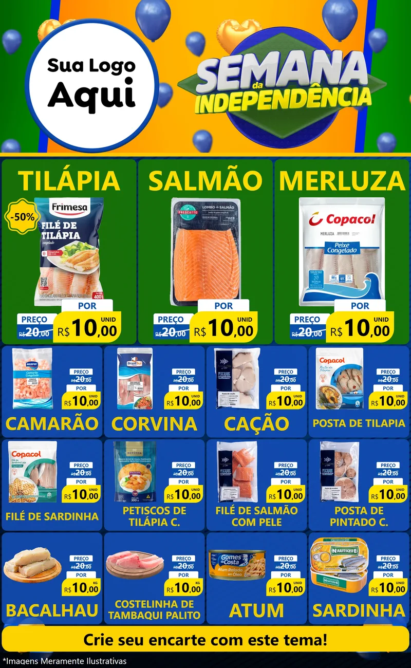 Modelo de Encarte para Encarte Grande com o tema Semana da Independência para Peixaria