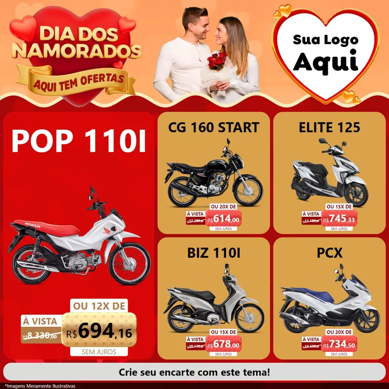 Modelo de Rede Social para Feed Facebook com o tema Dia dos Namorados - Aqui Tem Ofertas para Concessionaria de Motos