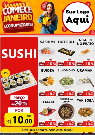 Modelo de Encarte para Encarte A4 Vertical com o tema Comece Janeiro Economizando para Comida japonesa