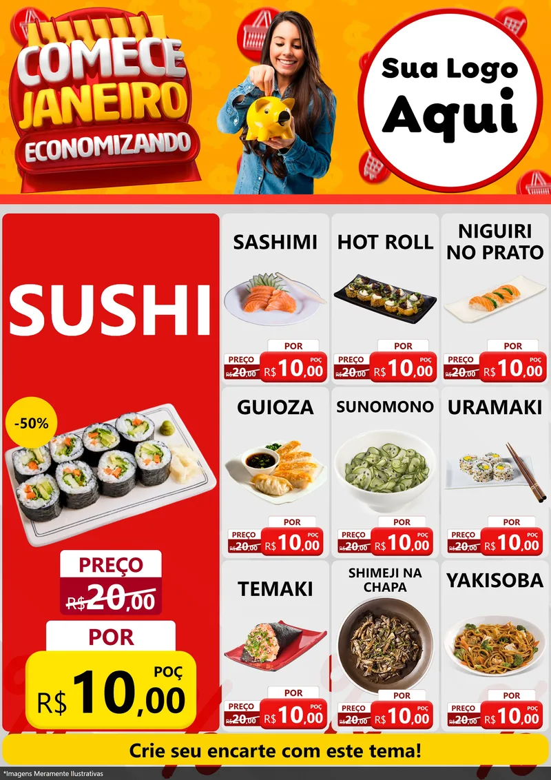 Modelo de Encarte para Encarte A4 Vertical com o tema Comece Janeiro Economizando para Comida japonesa