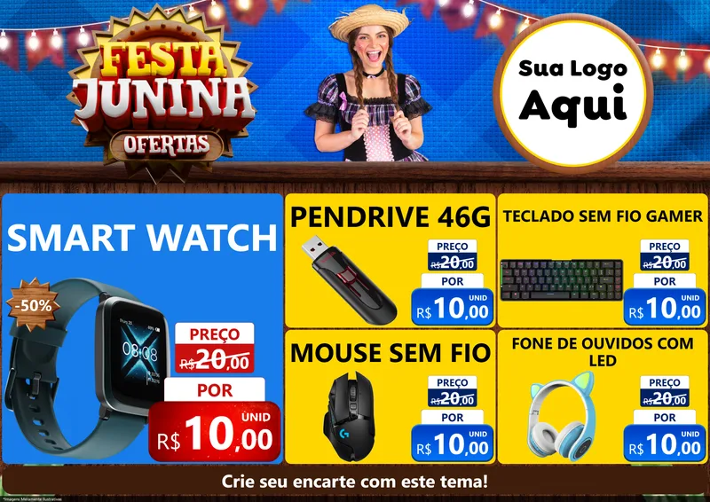 Modelo de Encarte para Encarte A4 Horizontal com o tema Festa Junina Ofertas para Informática