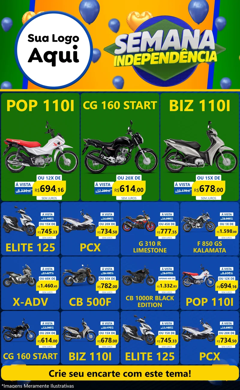 Modelo de Encarte para Encarte Grande com o tema Semana da Independência para Concessionaria de Motos