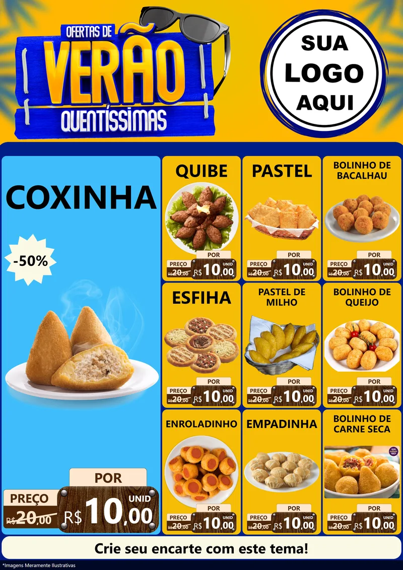Modelo de Encarte para Encarte A4 Vertical com o tema Ofertas de Verão Quentíssimas para Salgadaria