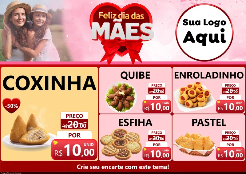 Modelo de Encarte para Encarte A4 Horizontal com o tema Feliz Dia Das Mães para Salgadaria