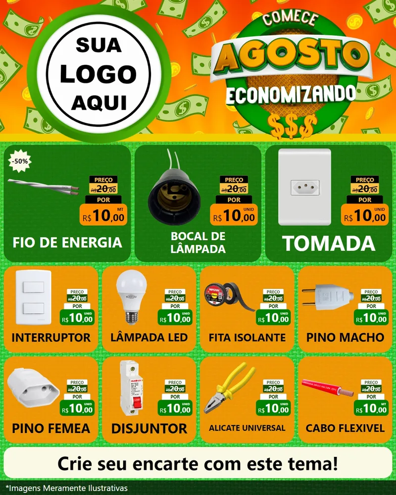 Modelo de Rede Social para Feed Instagram com o tema Comece Agosto Economizando para Materiais Elétricos