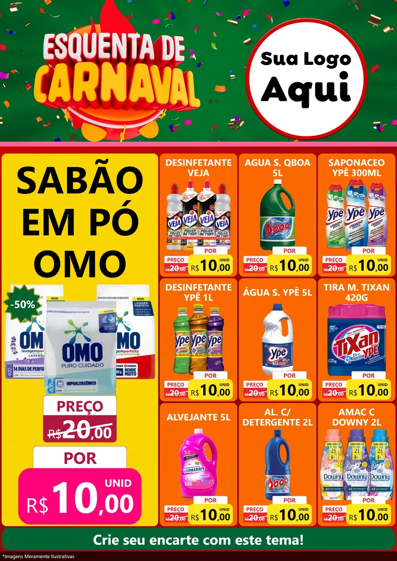 Modelo de Encarte para Encarte A4 Vertical com o tema Esquenta de Carnaval para Produtos de Limpeza