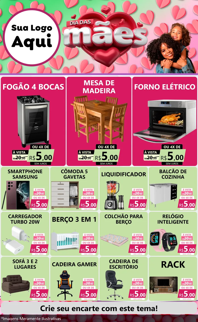 Modelo de Encarte para Encarte Grande com o tema Dia das Mães para Móveis e Eletro