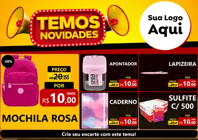 Modelo de Encarte para Encarte A4 Horizontal com o tema Temos Novidades para Papelaria