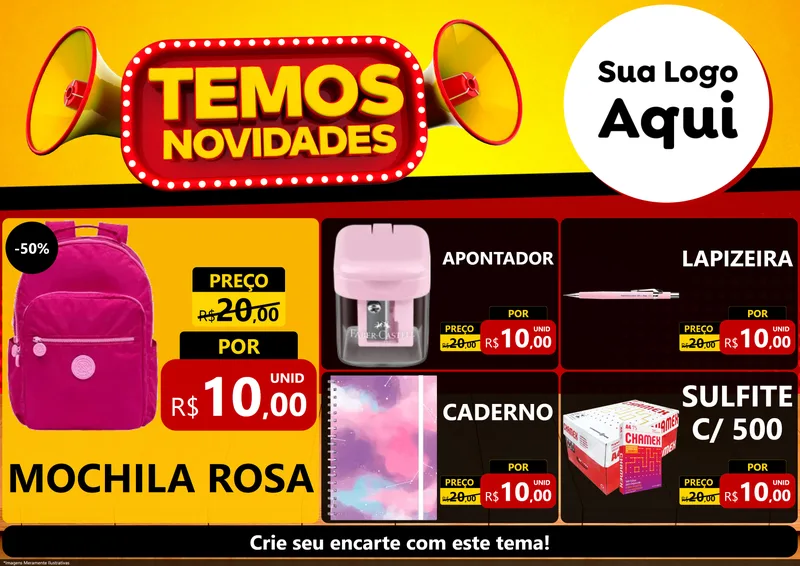 Modelo de Encarte para Encarte A4 Horizontal com o tema Temos Novidades para Papelaria