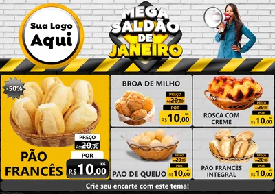 Modelo de Encarte para Encarte A4 Horizontal com o tema Mega Saldão de Janeiro para Padaria