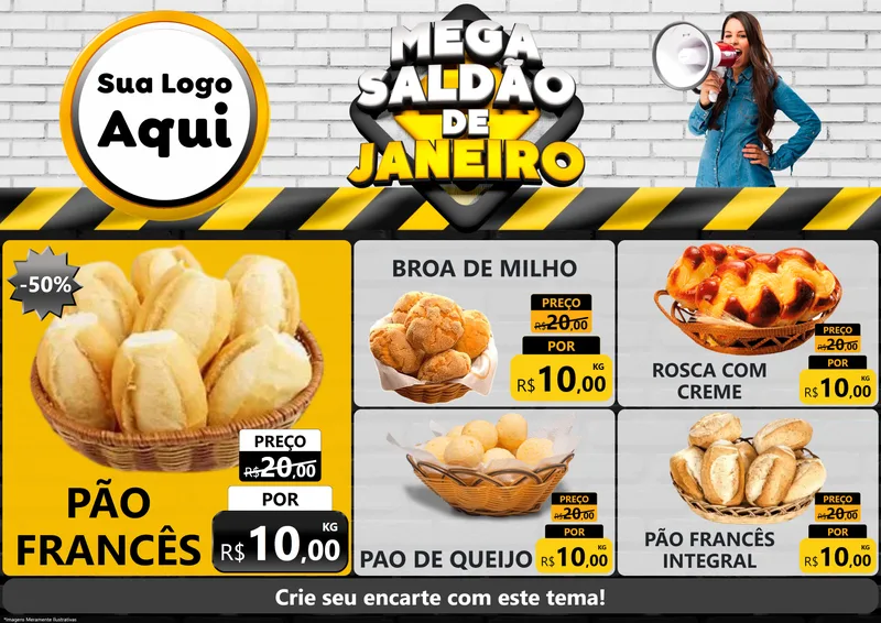 Modelo de Encarte para Encarte A4 Horizontal com o tema Mega Saldão de Janeiro para Padaria